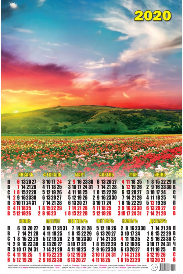 Новый год Календарь 2020 г.  Цветущее поле смайлы