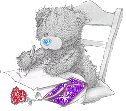 Валентинки Медвежонок пишет письмо. Рядом роза смайлы
