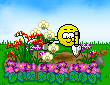 Лето Смайлик сажает цветы на клумбу смайлы
