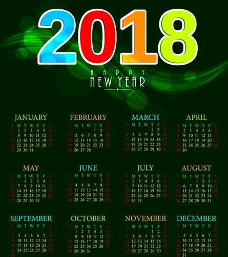 Новый год Календарь 2018 г на зеленом фоне смайлы
