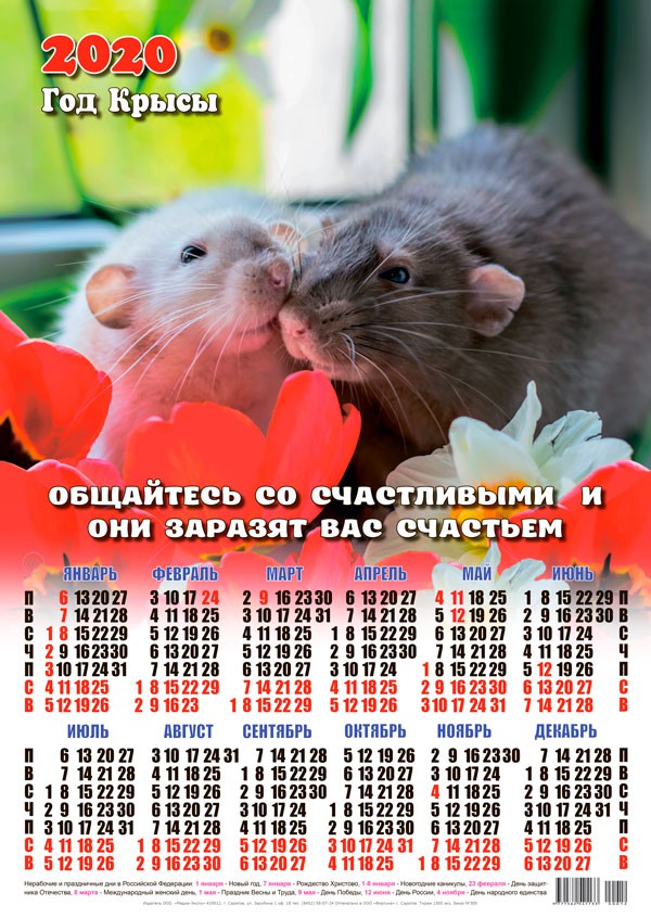 Новый год Календарь 2020 г. Пусть все будут счастливы. Год Крысы. смайлы