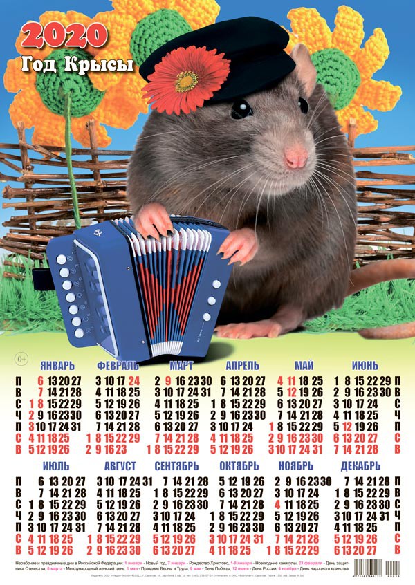 Новый год Календарь 2020 г. Год Крысы. Гармонист у плетня смайлы