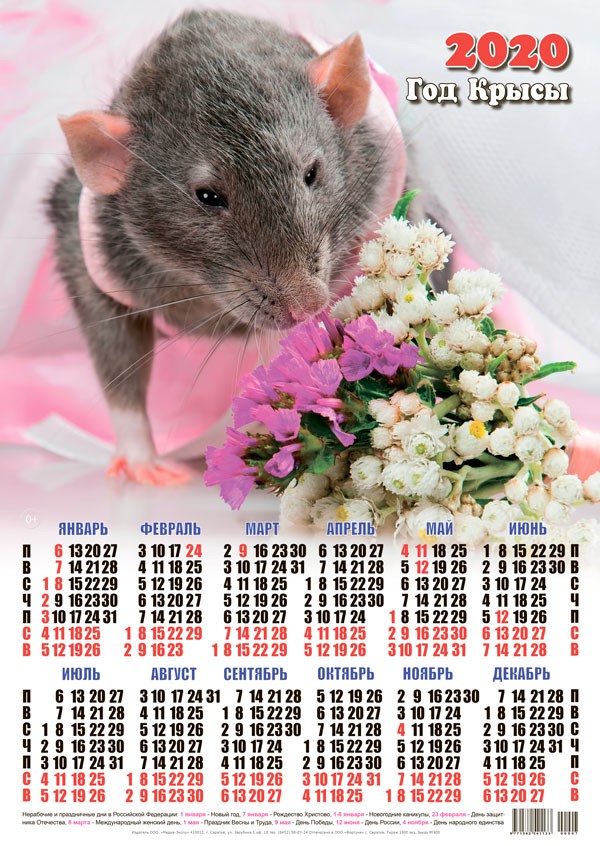 Новый год Календарь 2020 г. Год Крысы. Мышка у цветов смайлы