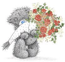 Валентинки Медведь с большим букетом цветов смайлы