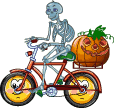 Хэллоуин Скелет везет тыкву на велосипеде смайлы